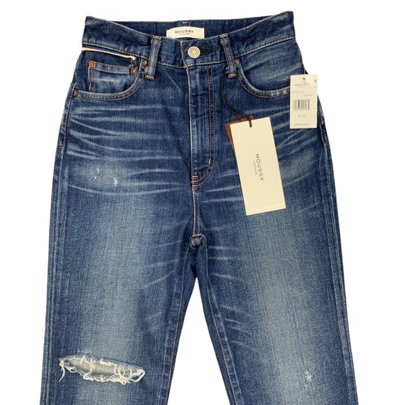 Moussy Vintage MV Rhode Flare Jeans 25 Dark Blue Distressed Cropped High Rise - Picture 8 of 12